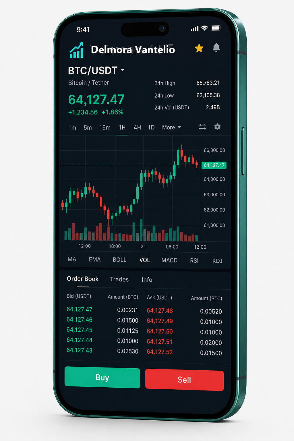 App móvil de Delmora Vantelio: gráfico BTC/USDT en tiempo real, libro de órdenes y panel de compra y venta